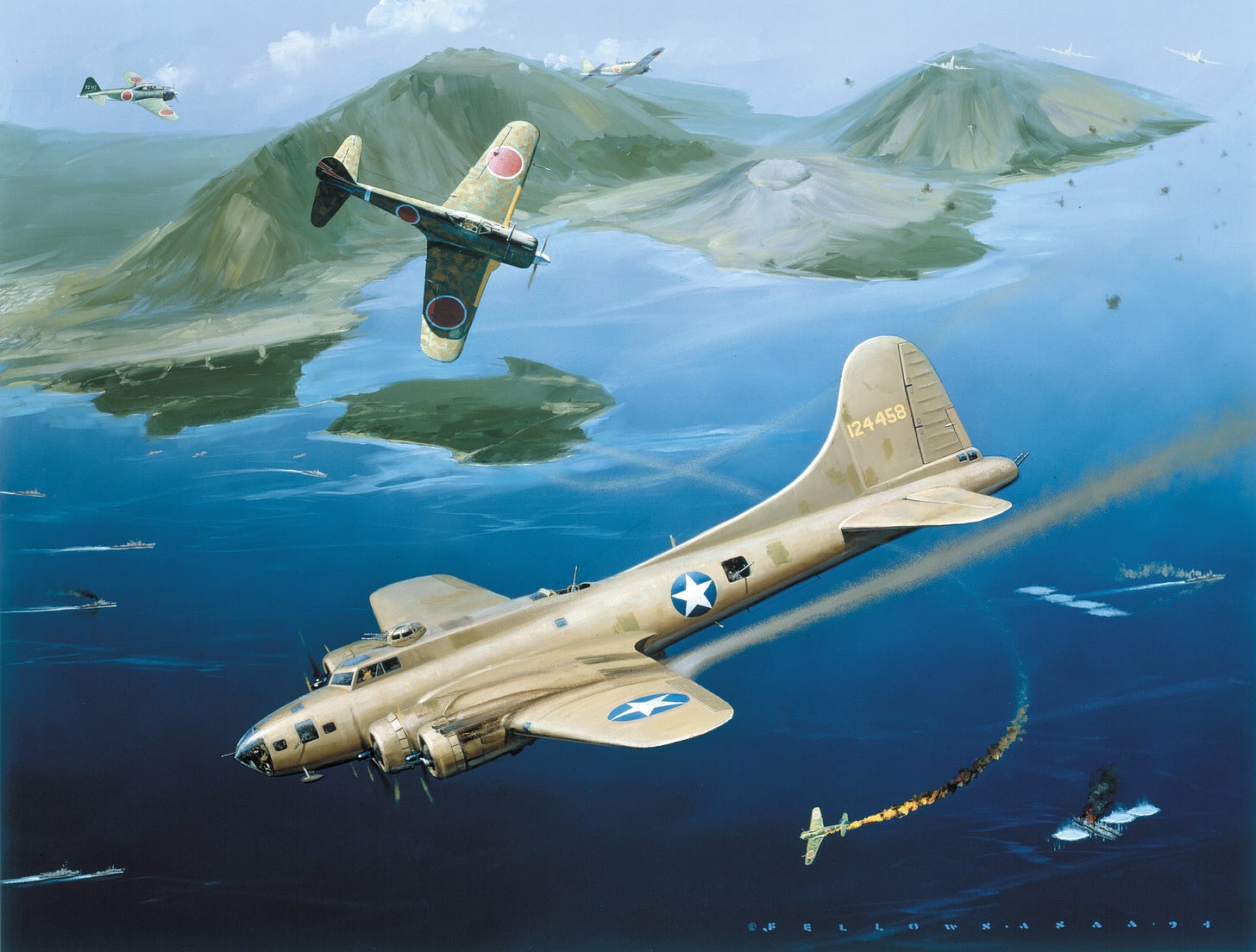 The sea stretched out beneath them, Japanese zeros swarm around a B-17 bomber during the assault on the Japanese stronghold of Rabaul in this painting by Jack Fellows. The sea stretched out beneath them, Japanese zeros swarm around a B-17 bomber during the assault on the Japanese stronghold of Rabaul in this painting by Jack Fellows.